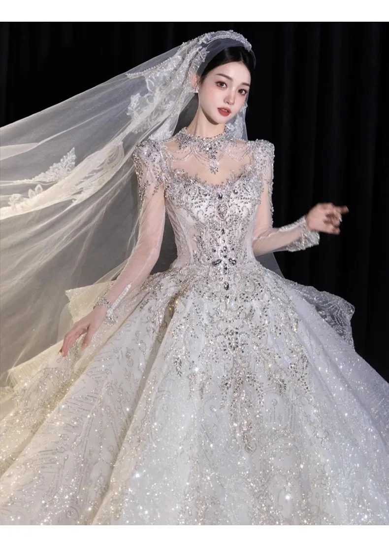 Full Sleeve Wedding Dresses Shinny Wedding Dress Classic High Neck With Brush Train Luxury Ball Gown Customized Party Dress