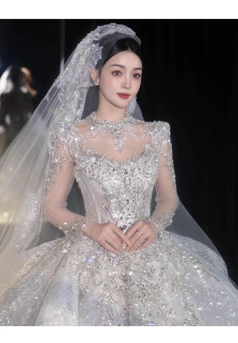 Full Sleeve Wedding Dresses Shinny Wedding Dress Classic High Neck With Brush Train Luxury Ball Gown Customized Party Dress
