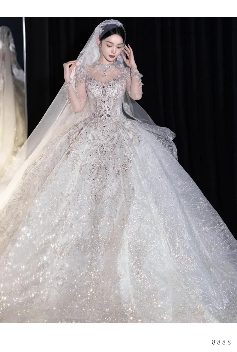Full Sleeve Wedding Dresses Shinny Wedding Dress Classic High Neck With Brush Train Luxury Ball Gown Customized Party Dress