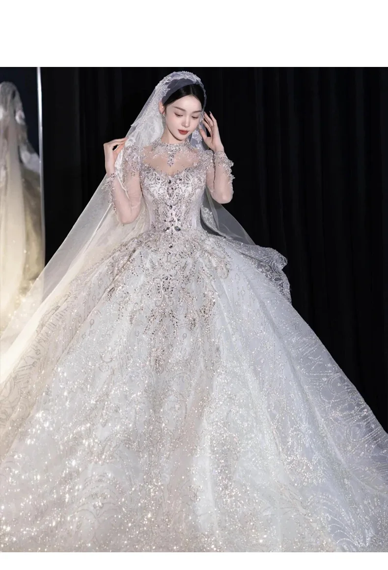 Full Sleeve Wedding Dresses Shinny Wedding Dress Classic High Neck With Brush Train Luxury Ball Gown Customized Party Dress
