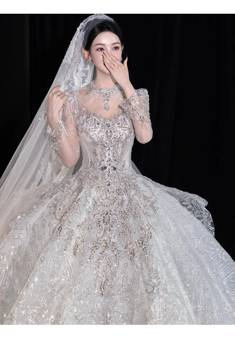 Full Sleeve Wedding Dresses Shinny Wedding Dress Classic High Neck With Brush Train Luxury Ball Gown Customized Party Dress