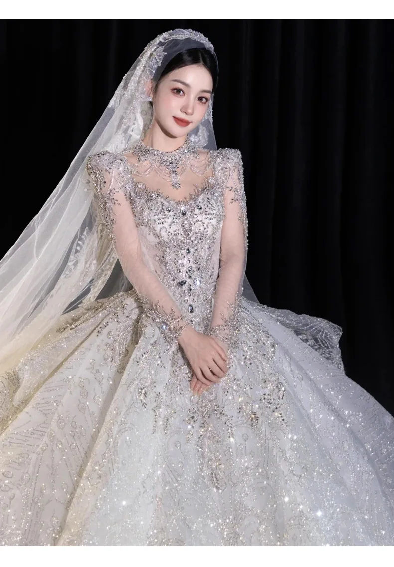 Full Sleeve Wedding Dresses Shinny Wedding Dress Classic High Neck With Brush Train Luxury Ball Gown Customized Party Dress