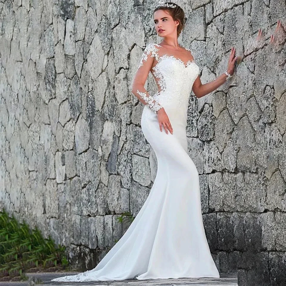Customized Long Sleeves Sheer Lace Appliques Mermaid Wedding Dresses Bridal Gowns See Through Back With Buttons Back Simple