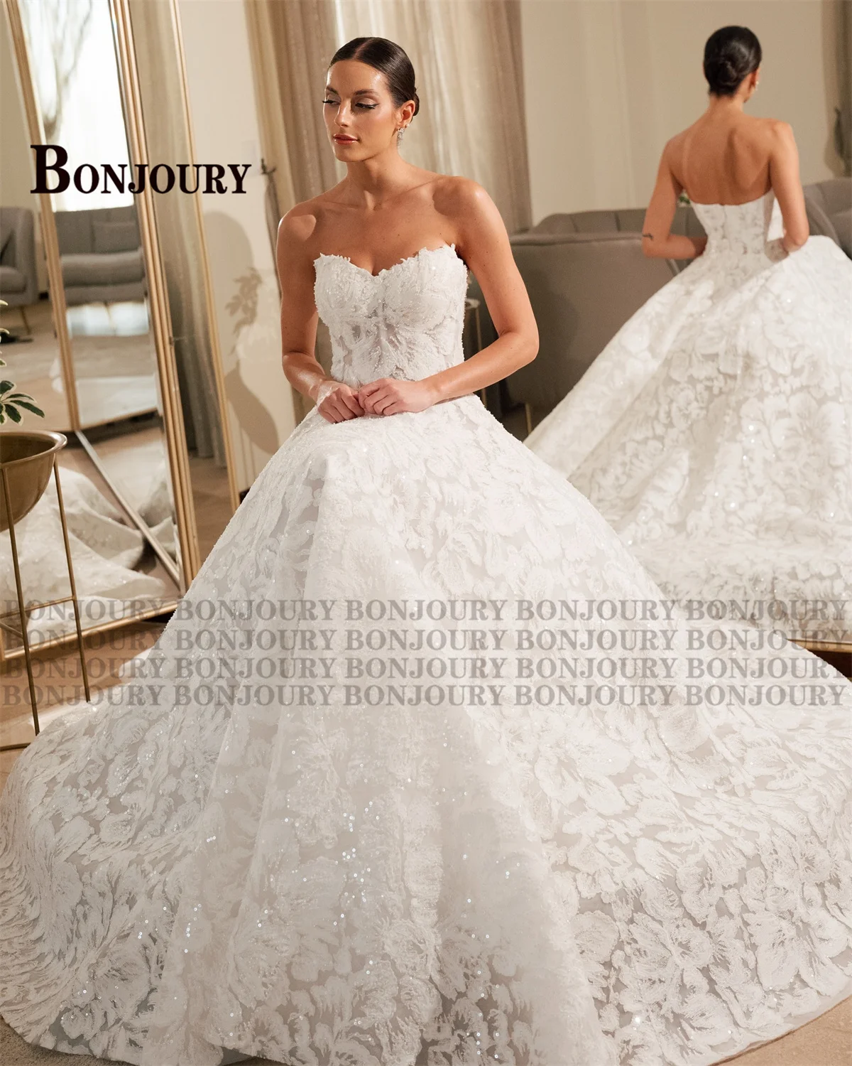 BONJOURY Dapper Wedding Dresses for Women A-line Sleeveless Zipper Sleeveless Court Train Vestido De Casamento Customized