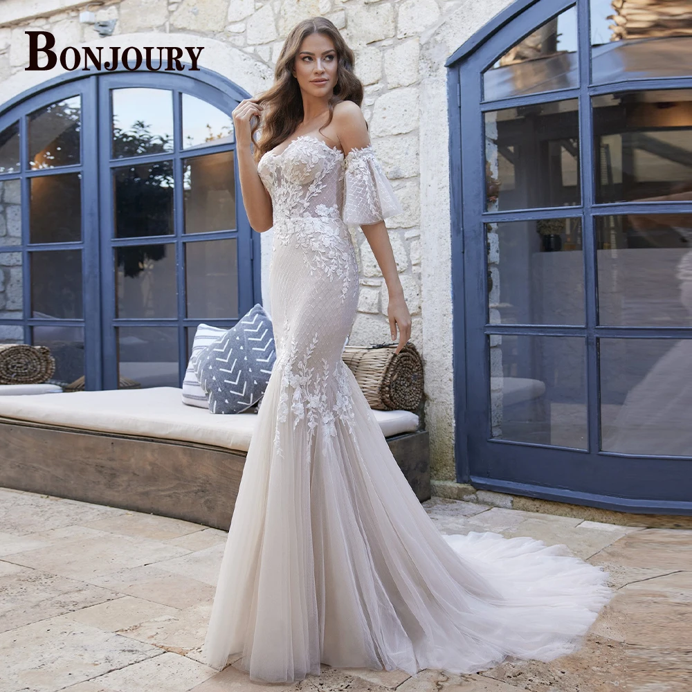 BONJOURY Dapper Wedding Dresses for Women A-line Sleeveless Zipper Sleeveless Court Train Vestido De Casamento Customized