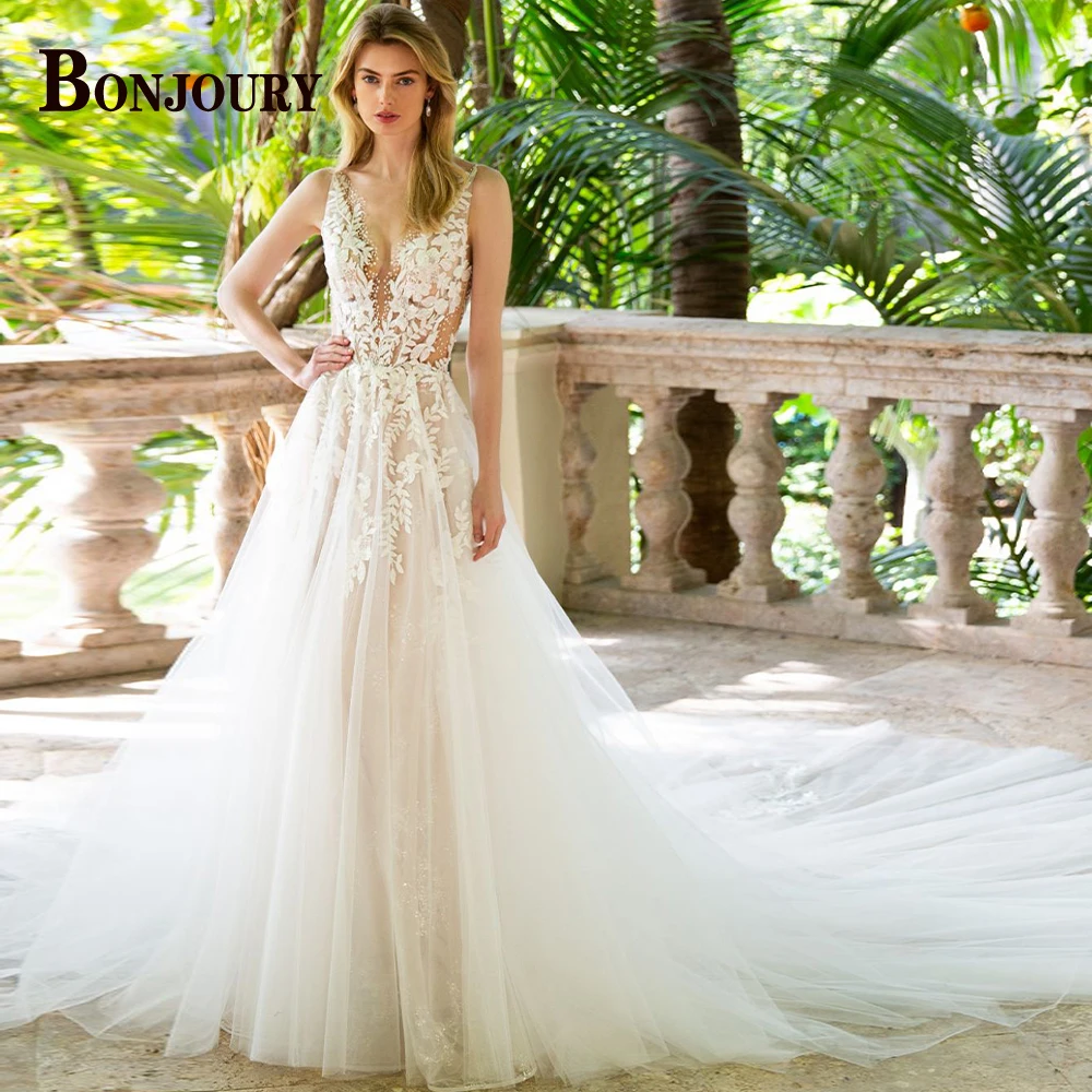 BONJOURY Dapper Wedding Dresses for Women A-line Sleeveless Zipper Sleeveless Court Train Vestido De Casamento Customized