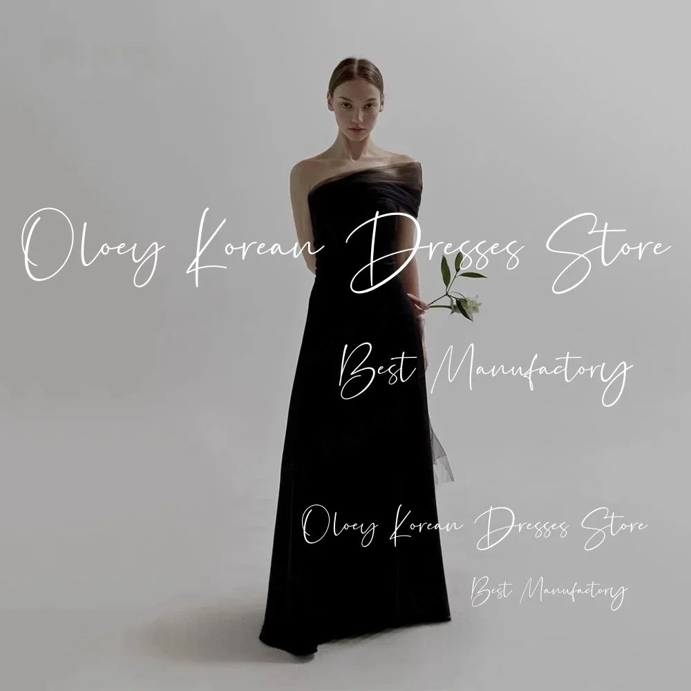 OLOEY Black Strapless Korea Evening Dress With Bolero Tulle One Shoulder A Line Elastic Satin Formal Party Dress Wedding Gown