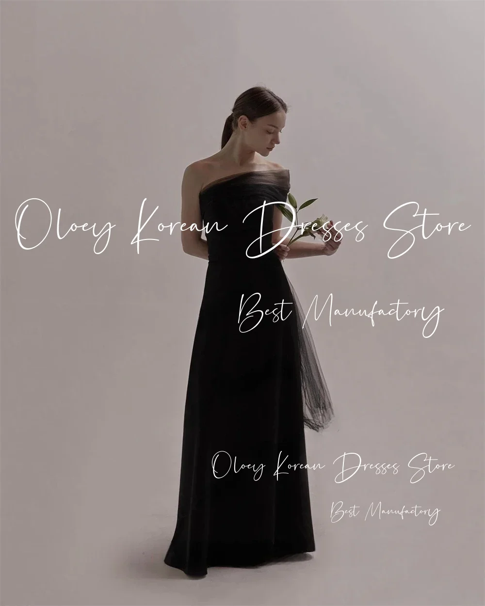 OLOEY Black Strapless Korea Evening Dress With Bolero Tulle One Shoulder A Line Elastic Satin Formal Party Dress Wedding Gown