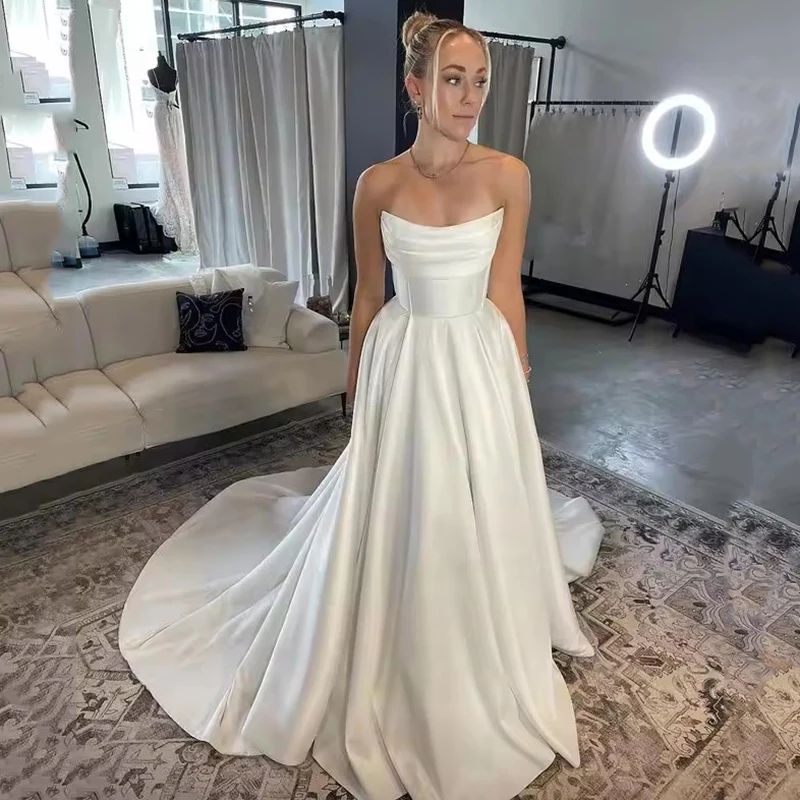 Rode De Morrie Luxurious Thick Satin A Line Wedding Dresses Lace up Bridal Grown Vestido De Noival Customized