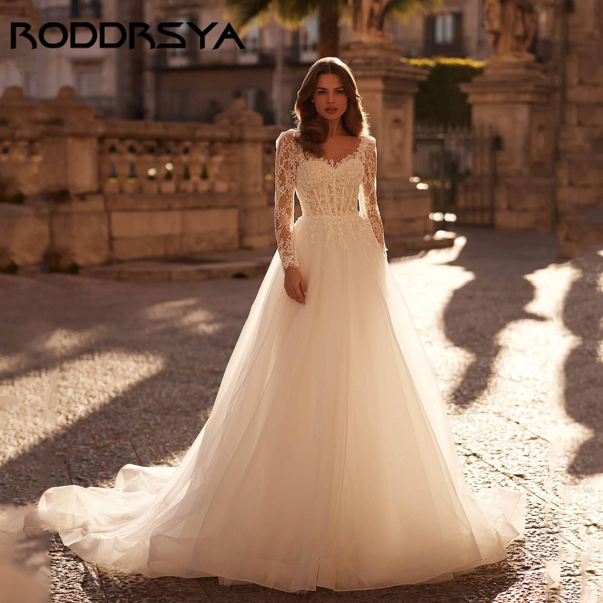 RODDRSYA Classic Elegance Wedding Dress A-line Long Sleeves Lace Bridal Gowns Women Tulle O-neck vestidos de novia Customized