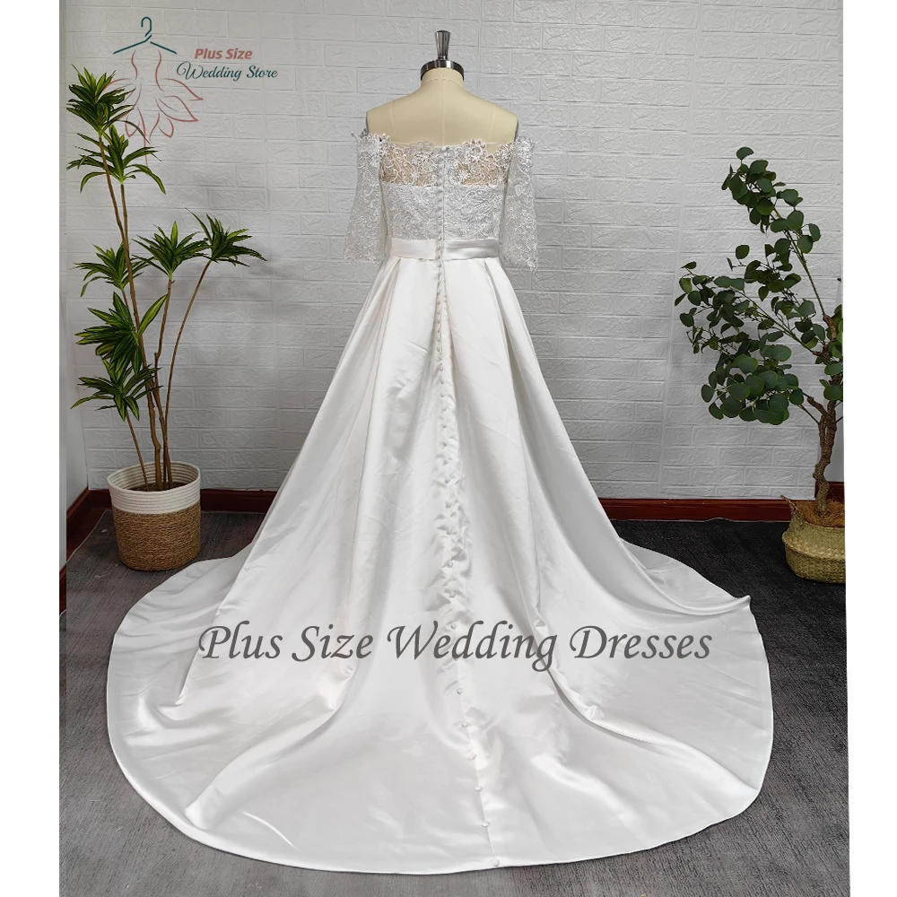 Modern Wedding Dresses Boat Neck Half Sleeves Bridal Gowns Lace Appliques Court-Train Satin A-Line Vestidos De Novia PSL980016
