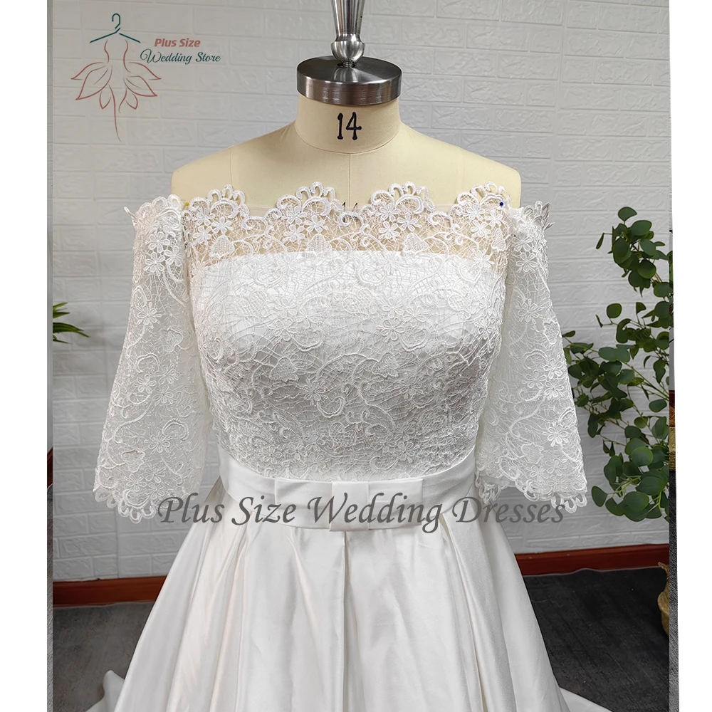 Modern Wedding Dresses Boat Neck Half Sleeves Bridal Gowns Lace Appliques Court-Train Satin A-Line Vestidos De Novia PSL980016