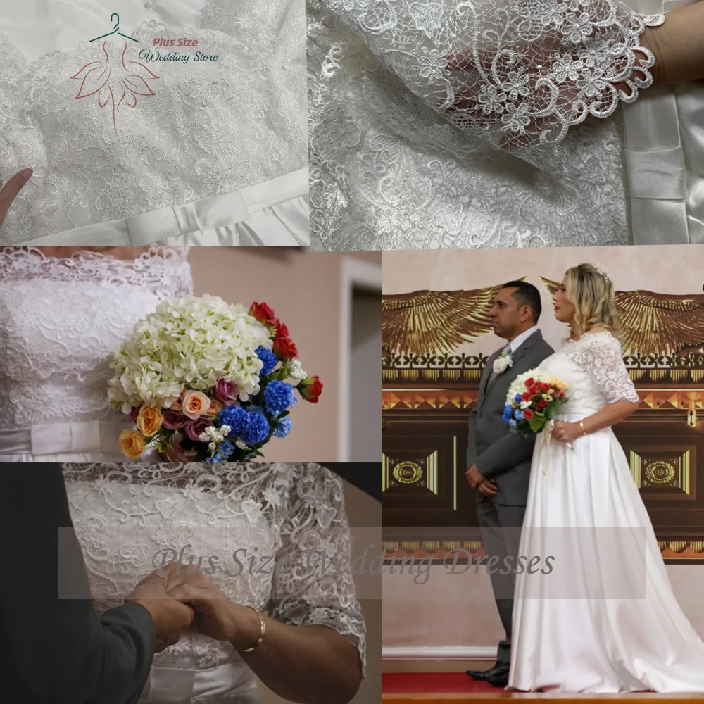 Modern Wedding Dresses Boat Neck Half Sleeves Bridal Gowns Lace Appliques Court-Train Satin A-Line Vestidos De Novia PSL980016