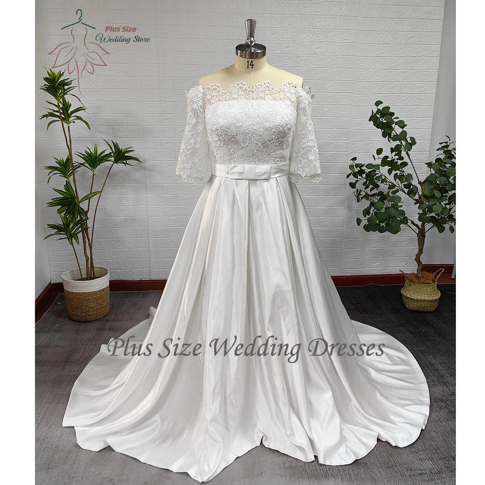 Modern Wedding Dresses Boat Neck Half Sleeves Bridal Gowns Lace Appliques Court-Train Satin A-Line Vestidos De Novia PSL980016