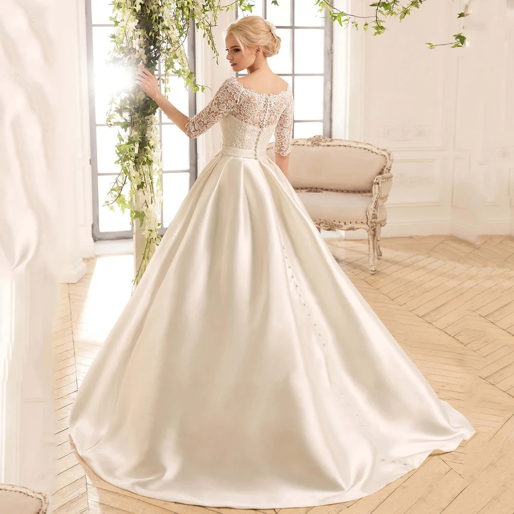 Modern Wedding Dresses Boat Neck Half Sleeves Bridal Gowns Lace Appliques Court-Train Satin A-Line Vestidos De Novia PSL980016