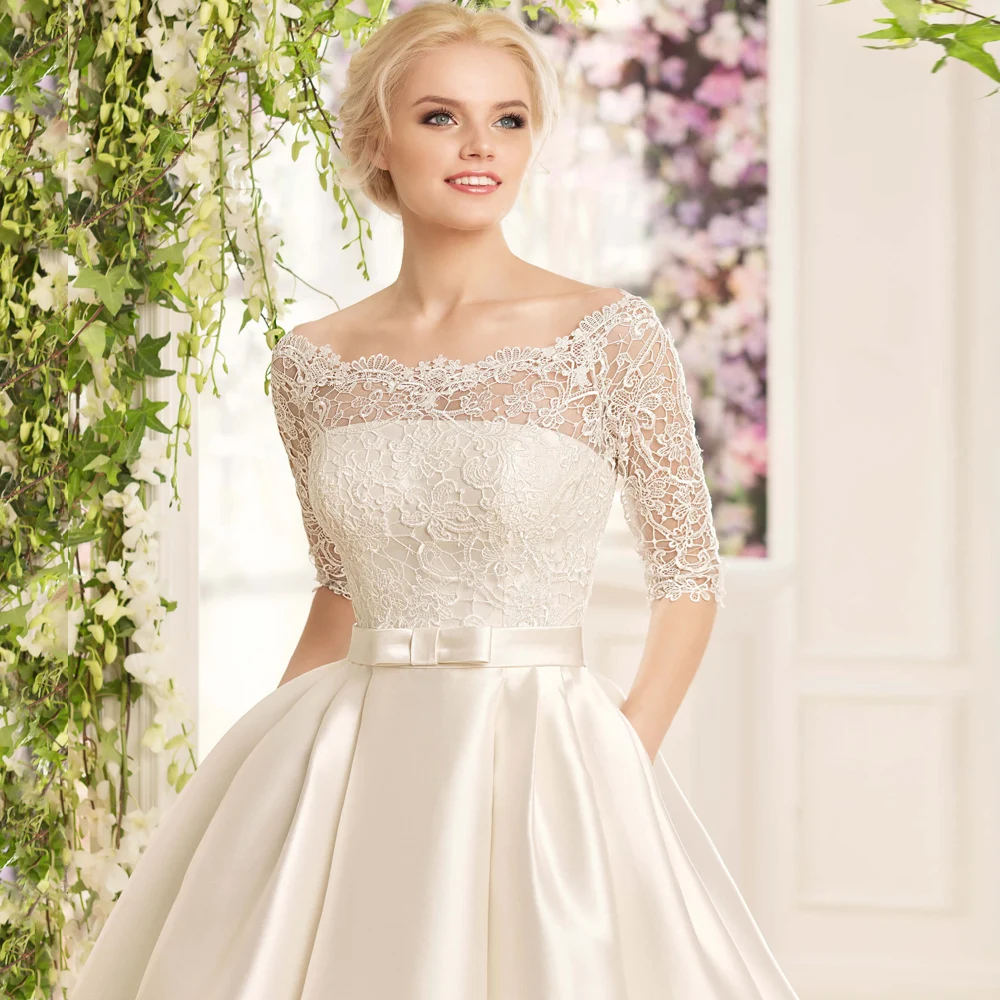Modern Wedding Dresses Boat Neck Half Sleeves Bridal Gowns Lace Appliques Court-Train Satin A-Line Vestidos De Novia PSL980016
