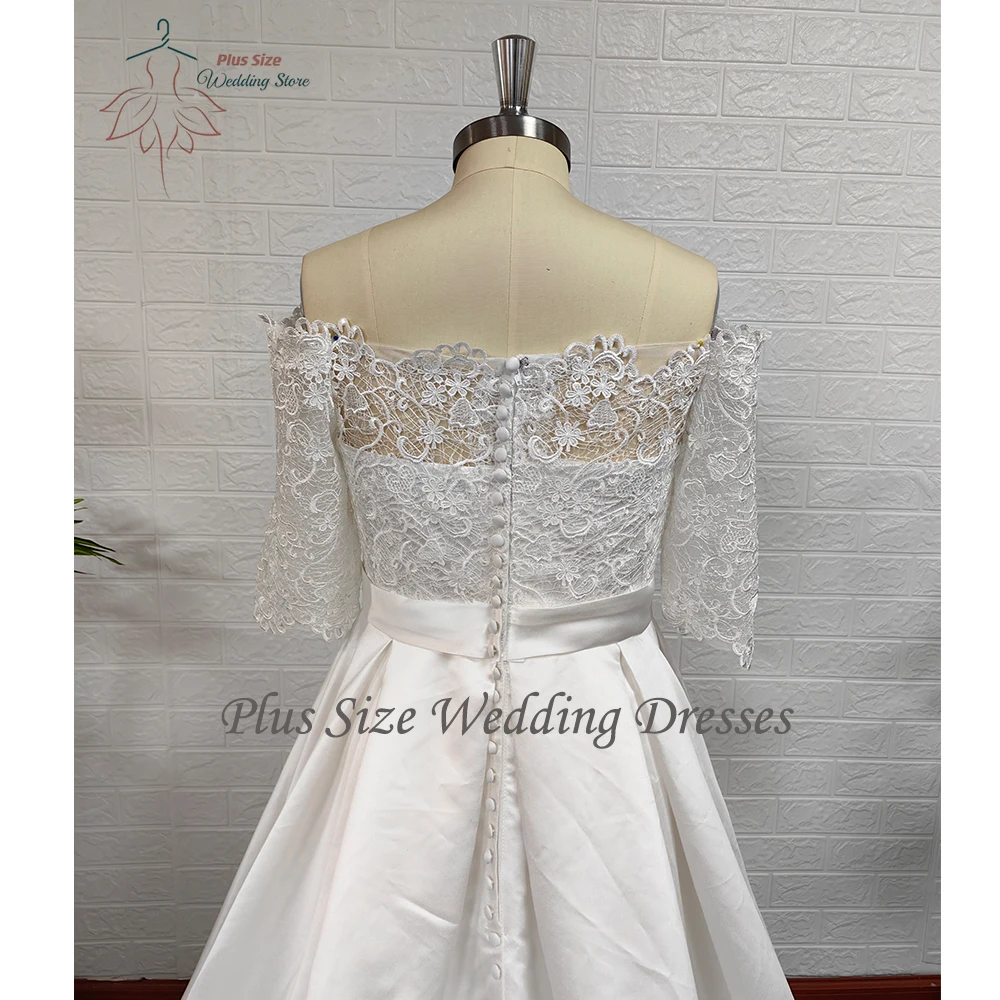 Modern Wedding Dresses Boat Neck Half Sleeves Bridal Gowns Lace Appliques Court-Train Satin A-Line Vestidos De Novia PSL980016