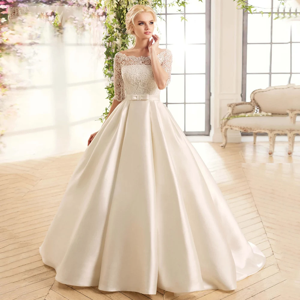 Modern Wedding Dresses Boat Neck Half Sleeves Bridal Gowns Lace Appliques Court-Train Satin A-Line Vestidos De Novia PSL980016