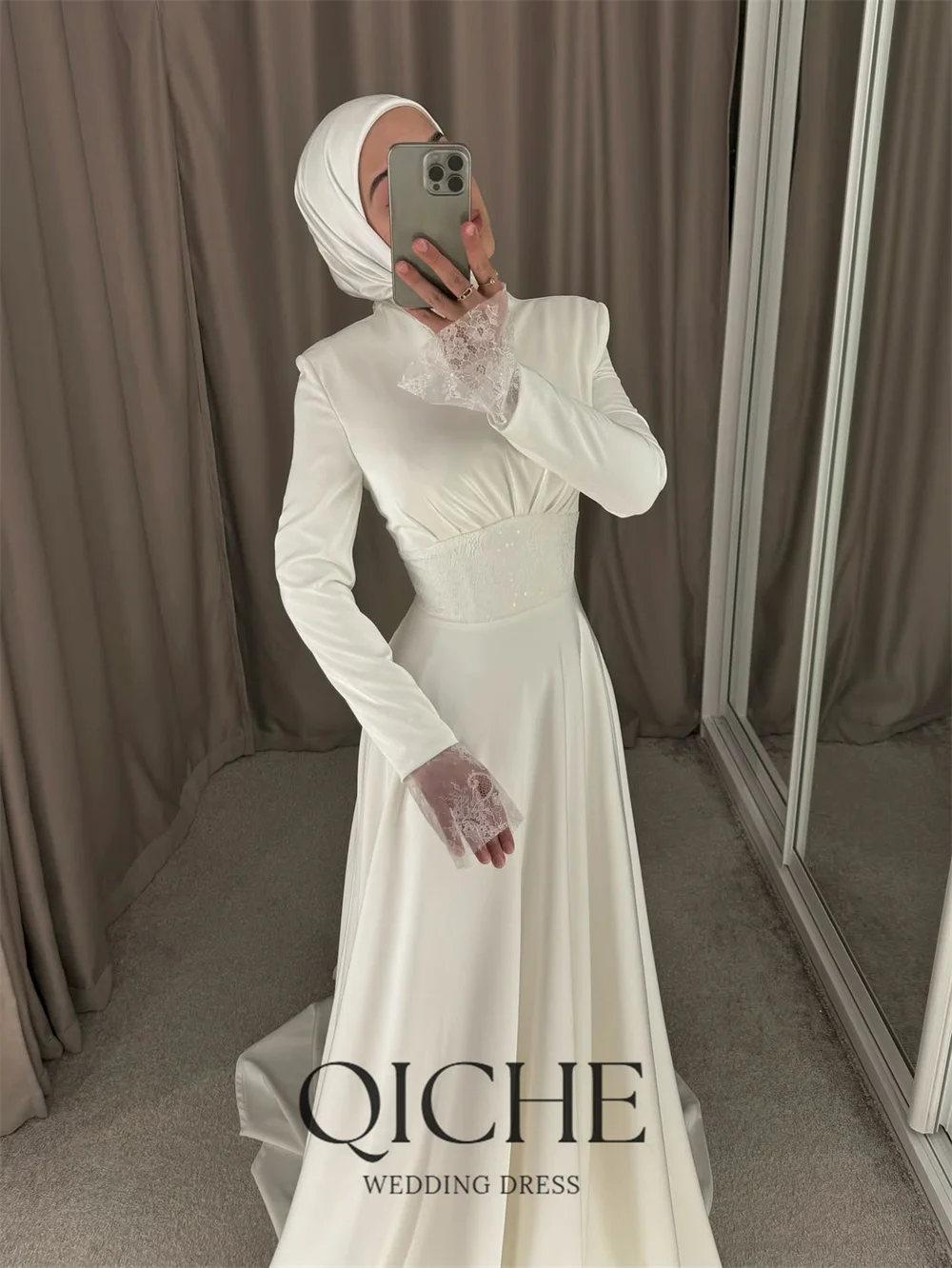 QICHE Muslim Wedding Dresses Women 2026 New V-Neck Long Sleeves Saudi Arabic Bridal Gown Customized A Line Bride's Dresses