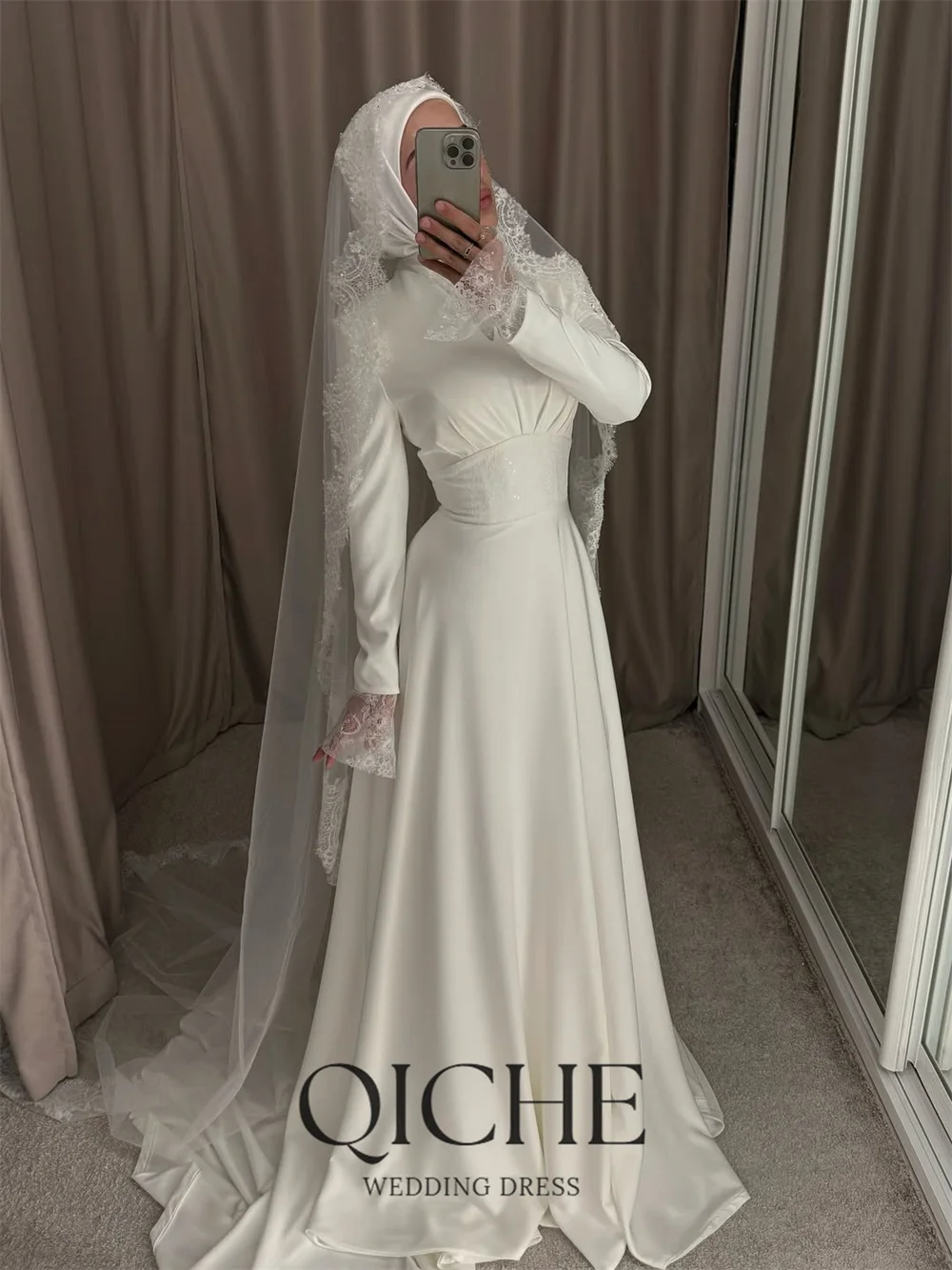 QICHE Muslim Wedding Dresses Women 2026 New V-Neck Long Sleeves Saudi Arabic Bridal Gown Customized A Line Bride's Dresses
