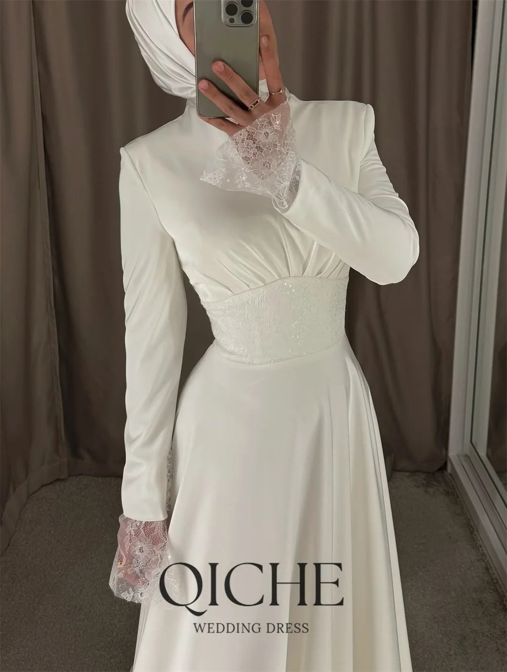QICHE Muslim Wedding Dresses Women 2026 New V-Neck Long Sleeves Saudi Arabic Bridal Gown Customized A Line Bride's Dresses