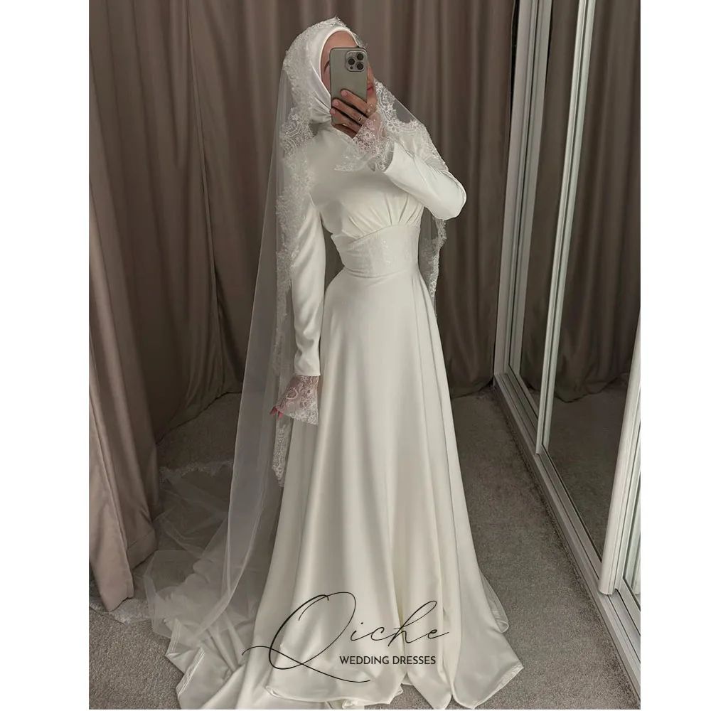 QICHE Muslim Wedding Dresses Women 2026 New V-Neck Long Sleeves Saudi Arabic Bridal Gown Customized A Line Bride's Dresses