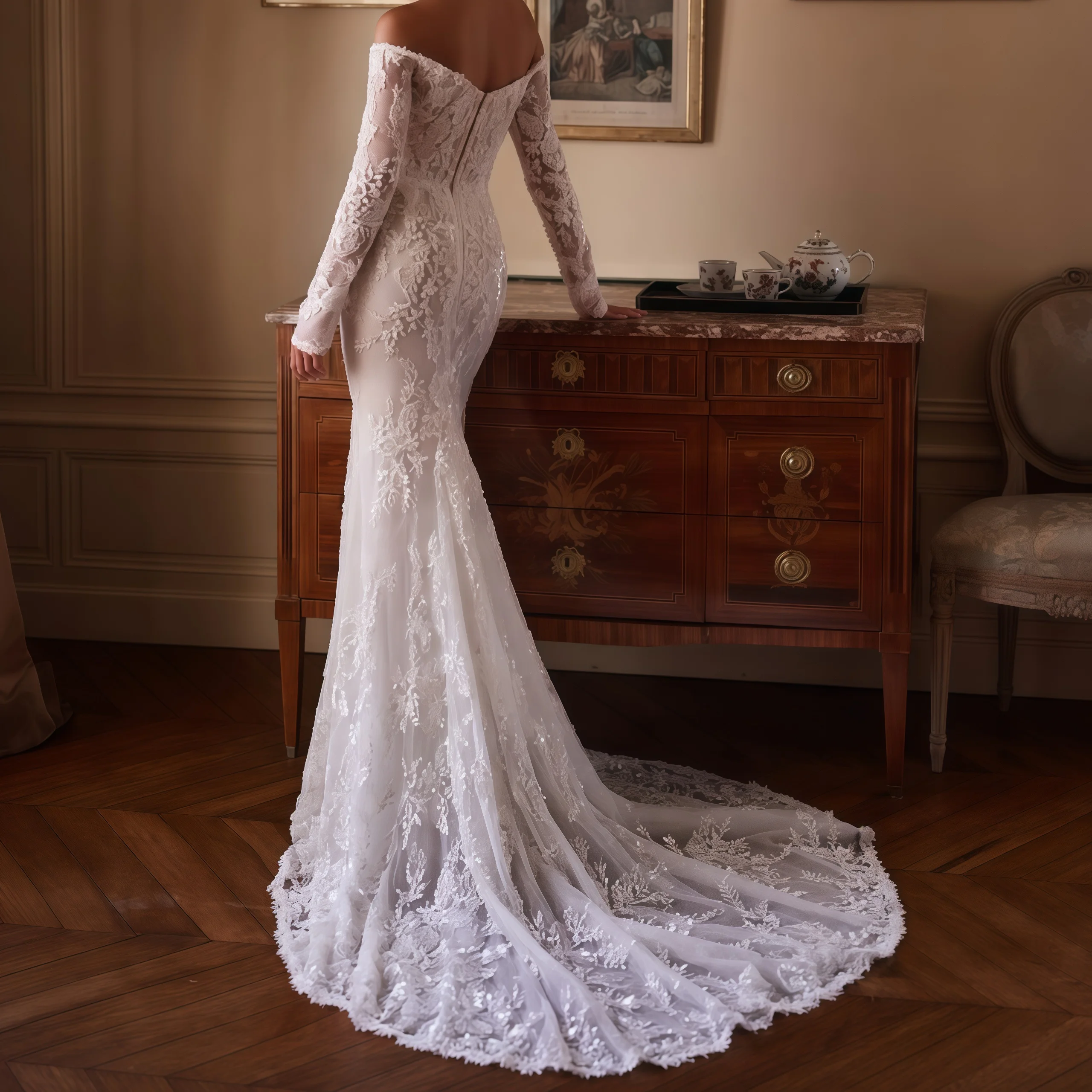 ZIBUYU Customized Luxury Mermaid Wedding Dress Off Shoulder Sweetheart Long Sleeve Lace Beaded Backless Bridal Gown