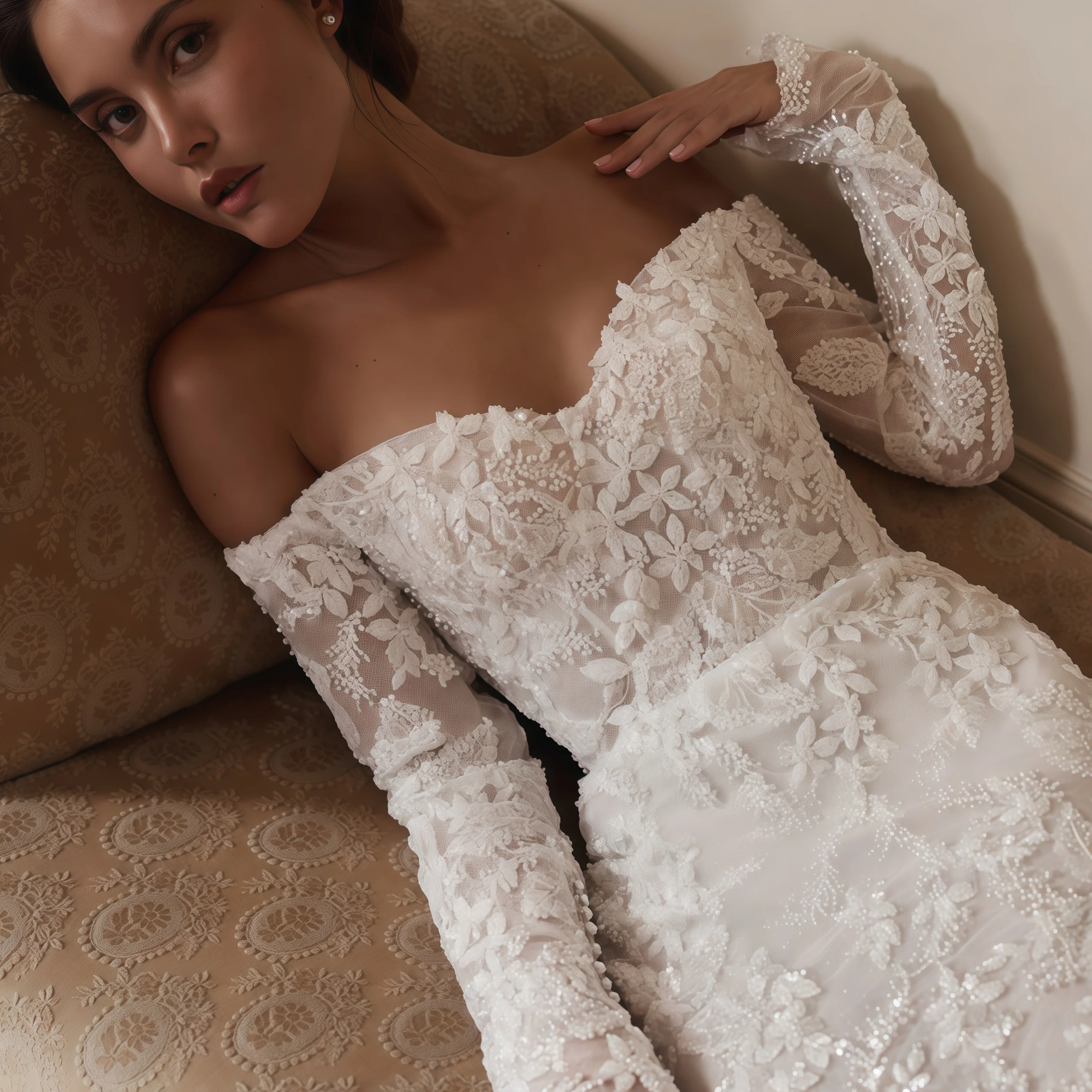 ZIBUYU Customized Luxury Mermaid Wedding Dress Off Shoulder Sweetheart Long Sleeve Lace Beaded Backless Bridal Gown