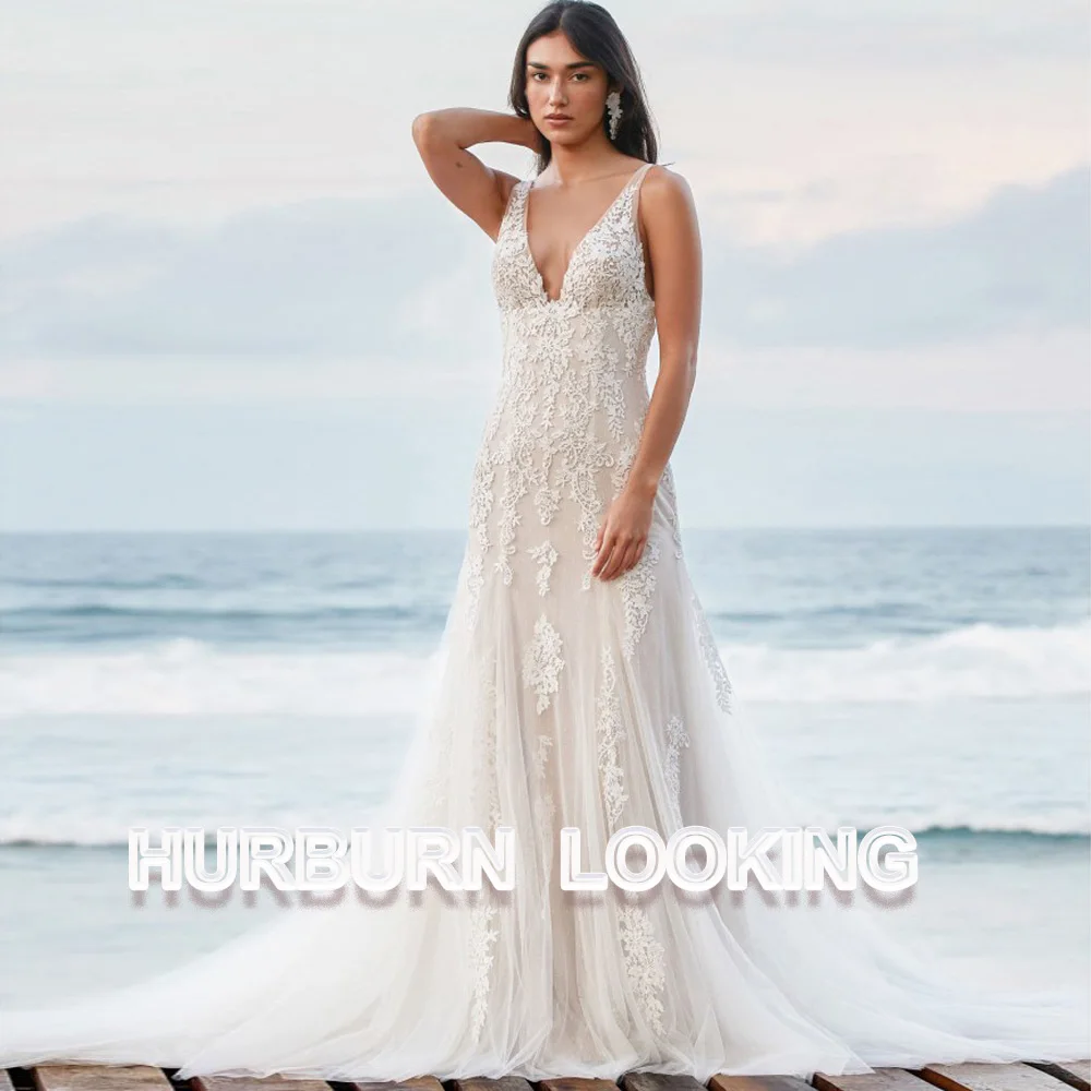 HERBURN Vintage V-neck Bridal Dress for Women Backless Court Train with Long Sleeves Mermaid Robe De Mariee Customized