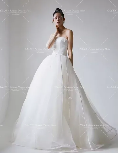 OLOEY Simple Strapless Draped Korean Wedding Dress for Photo Shoots A-Line Bridal Gown Floor Length Vestidos Novias Boda Women C