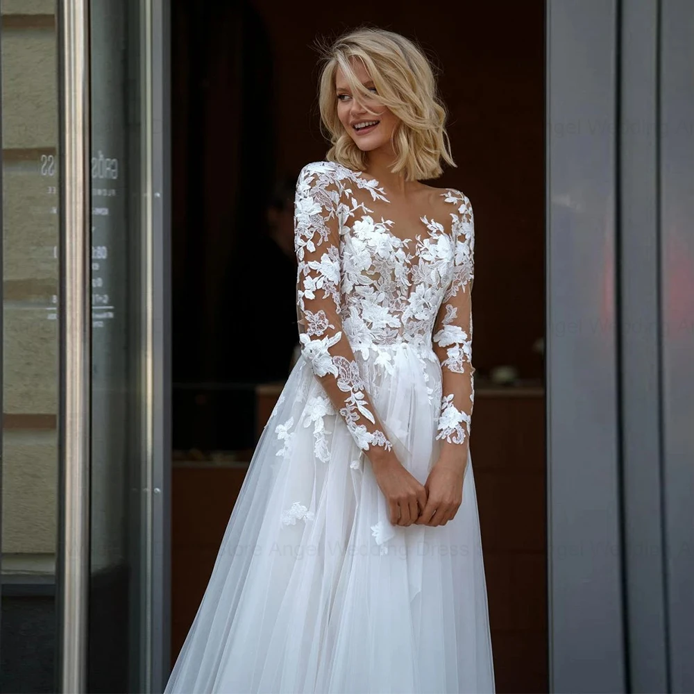 ANGEL Elegant A-Line Lace Wedding Dress 2025 Customized Scoop Neck Applique Bridal Gowns Button Plus Size Vestidos De Novia