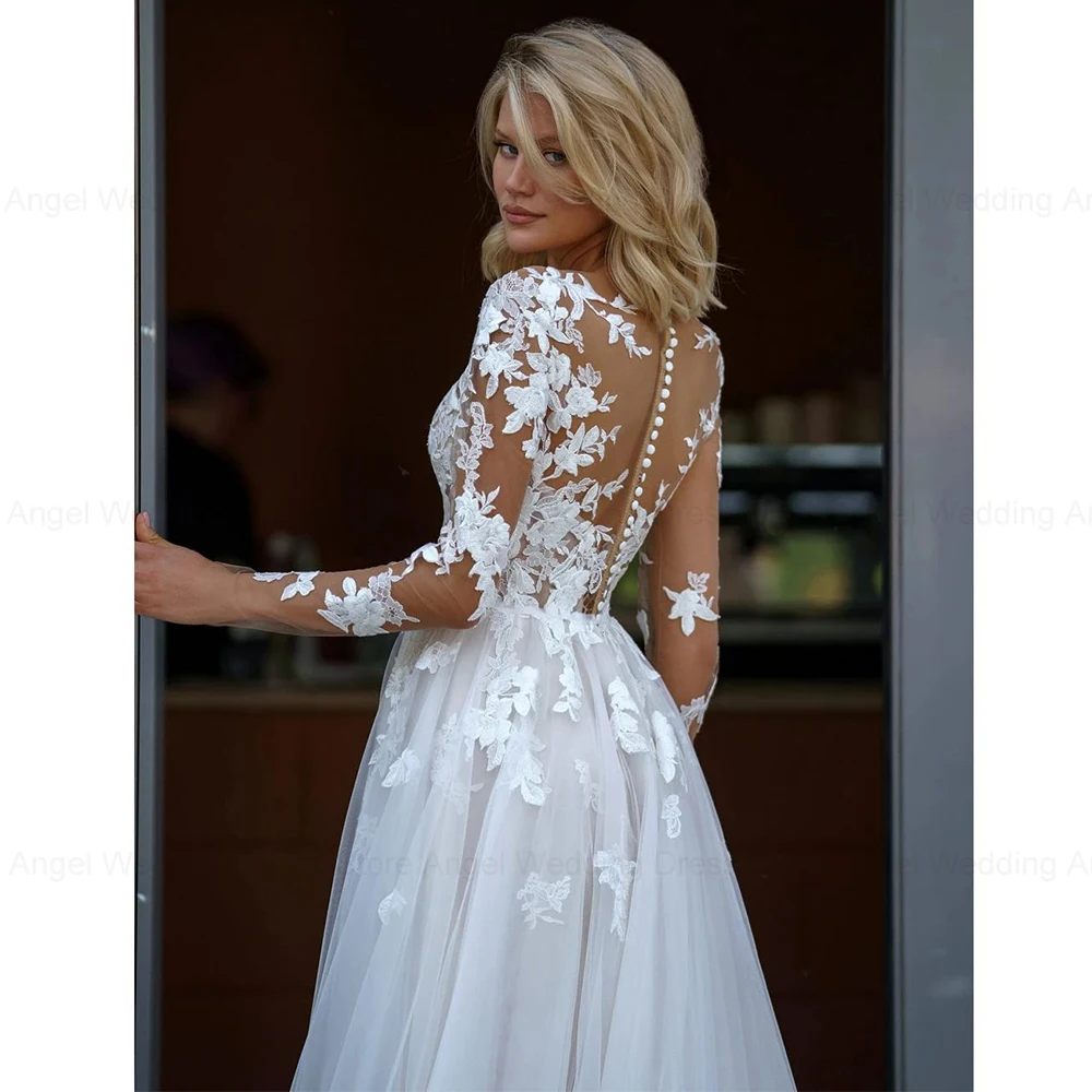 ANGEL Elegant A-Line Lace Wedding Dress 2025 Customized Scoop Neck Applique Bridal Gowns Button Plus Size Vestidos De Novia