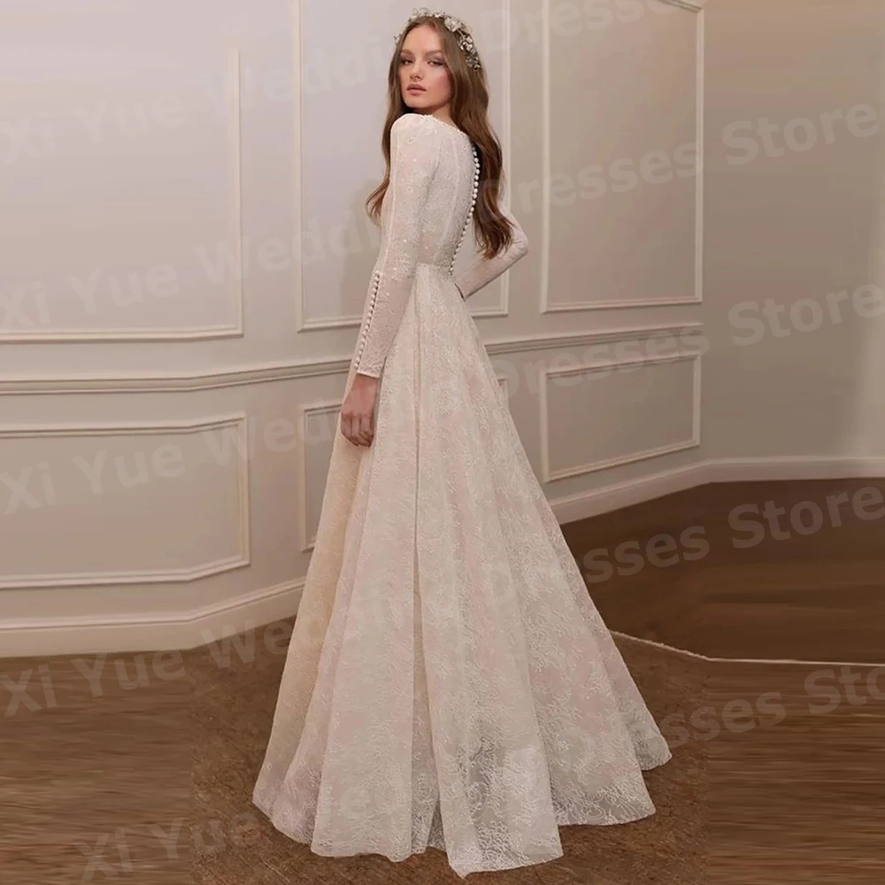 2025 Luxurious A Line Women's Wedding Dresses O Neck Lace Appliques Vestido De Novia Bride Gowns Customized Long Sleeve Vestido