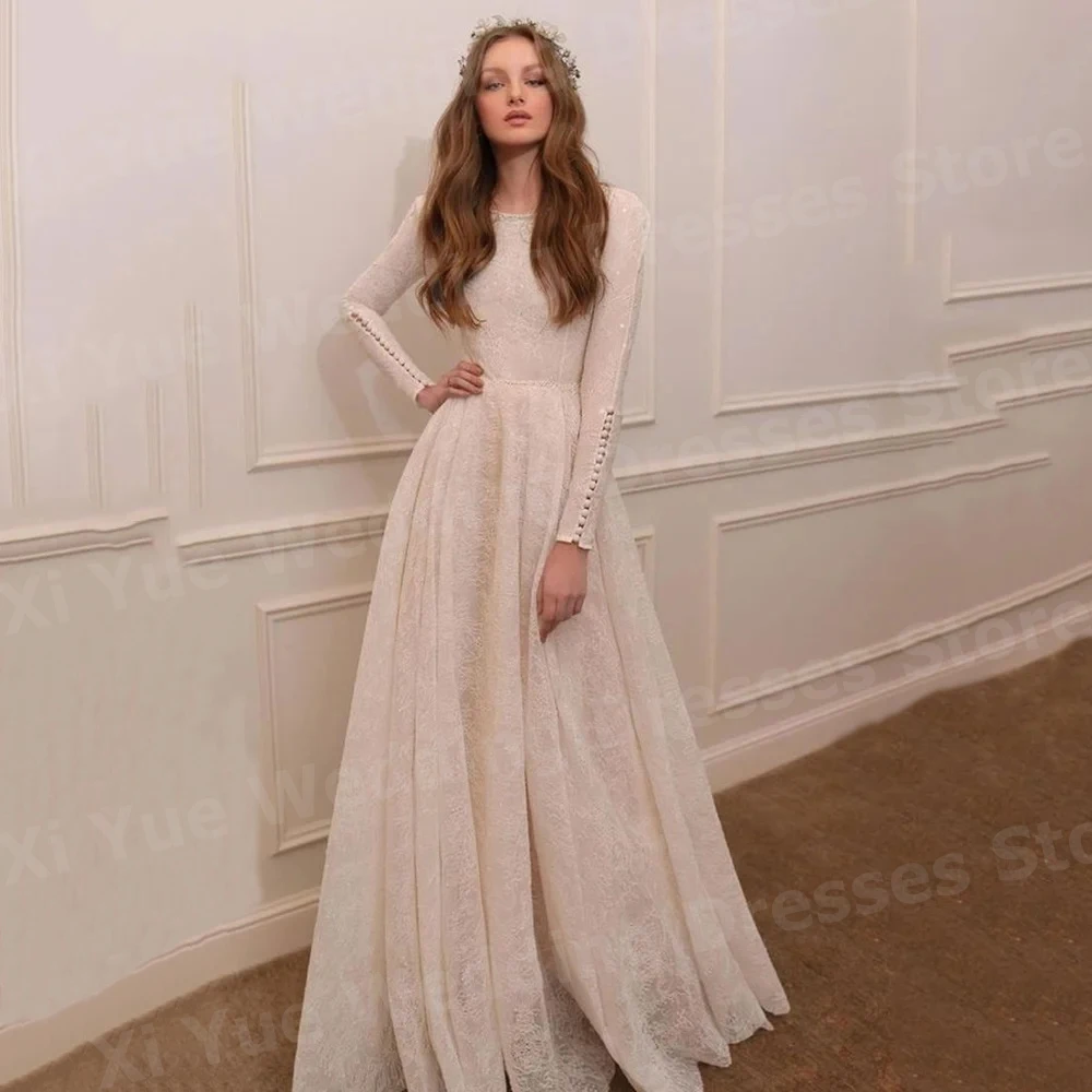 2025 Luxurious A Line Women's Wedding Dresses O Neck Lace Appliques Vestido De Novia Bride Gowns Customized Long Sleeve Vestido