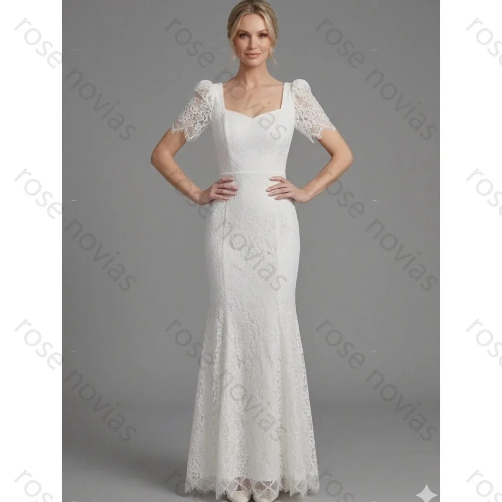 Customized Elegant Ivory Bridal Gown Square Neck Puff Sleeve Lace Mermaid For Wedding Prom Formal Gala