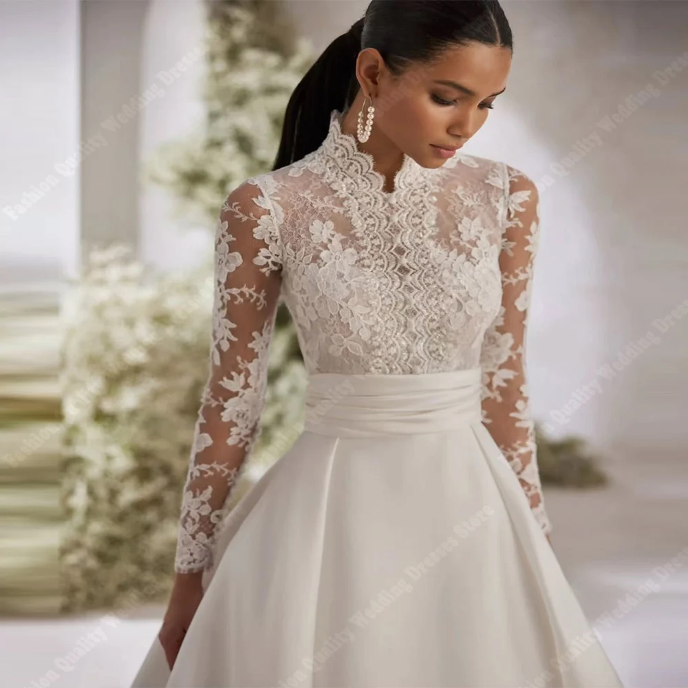 High Collar Wedding Dresses For Women Lace Flower Printing A-Line Long Sleeves Robes Ball Princess Vestidos De Novias Customized