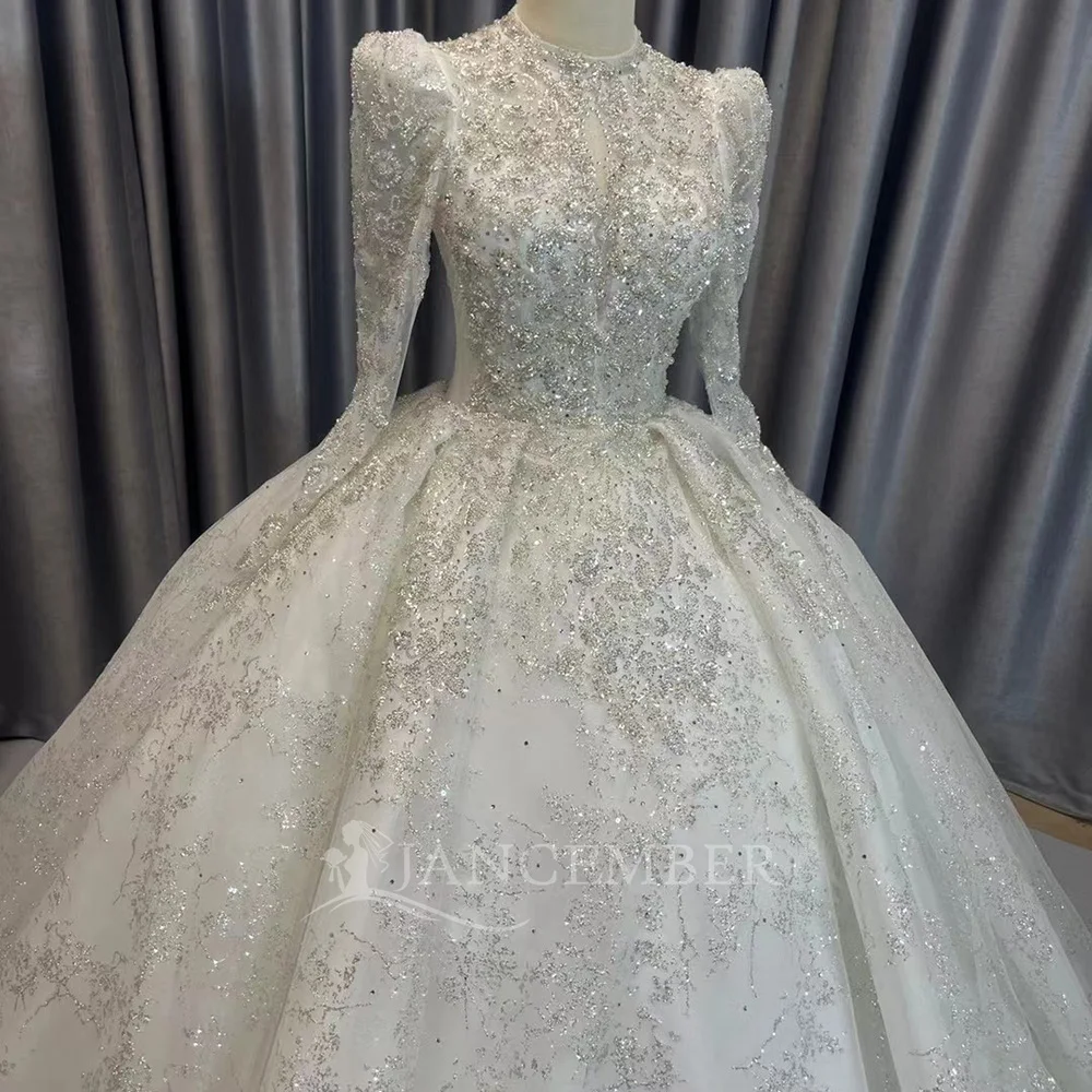 Hot Sale Crystal Ball Gown Wedding Dresses New Long Sleeve Organza Customized Wedding Gowns Bridal Dress فساتين حفلات