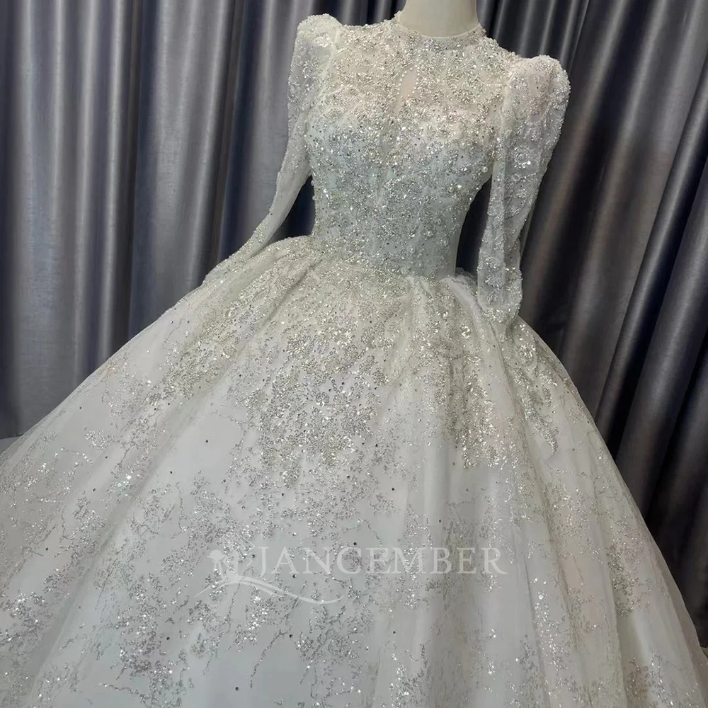 Hot Sale Crystal Ball Gown Wedding Dresses New Long Sleeve Organza Customized Wedding Gowns Bridal Dress فساتين حفلات