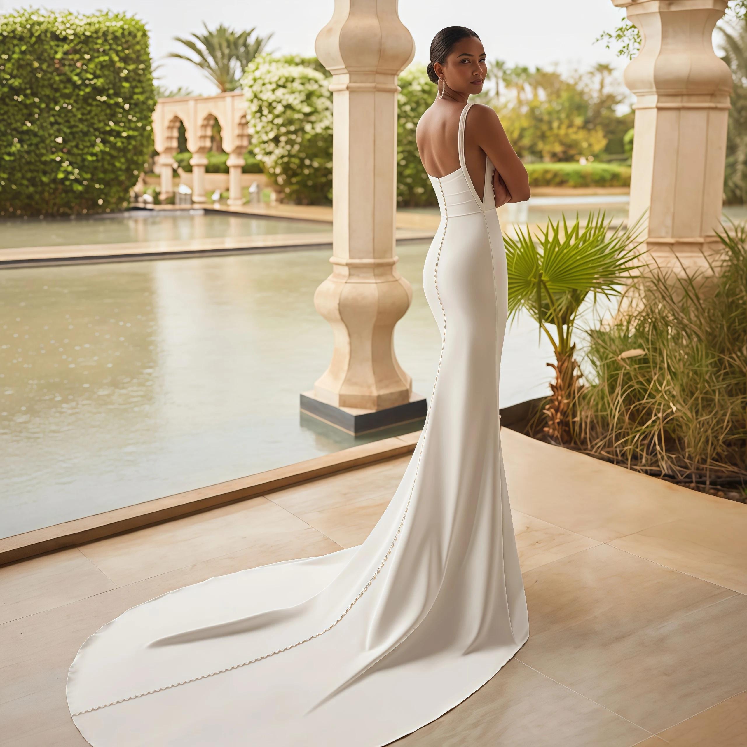ZIBUYU Customized Satin Wedding Dress Square Neck Wide Straps Open Back Ruched Waist Sheath Bridal Gown
