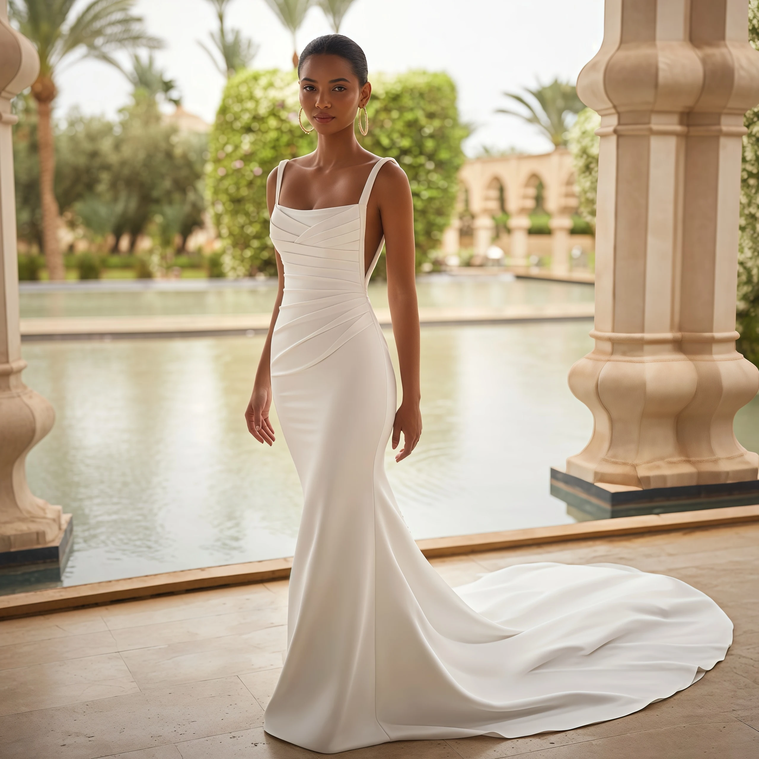 ZIBUYU Customized Satin Wedding Dress Square Neck Wide Straps Open Back Ruched Waist Sheath Bridal Gown
