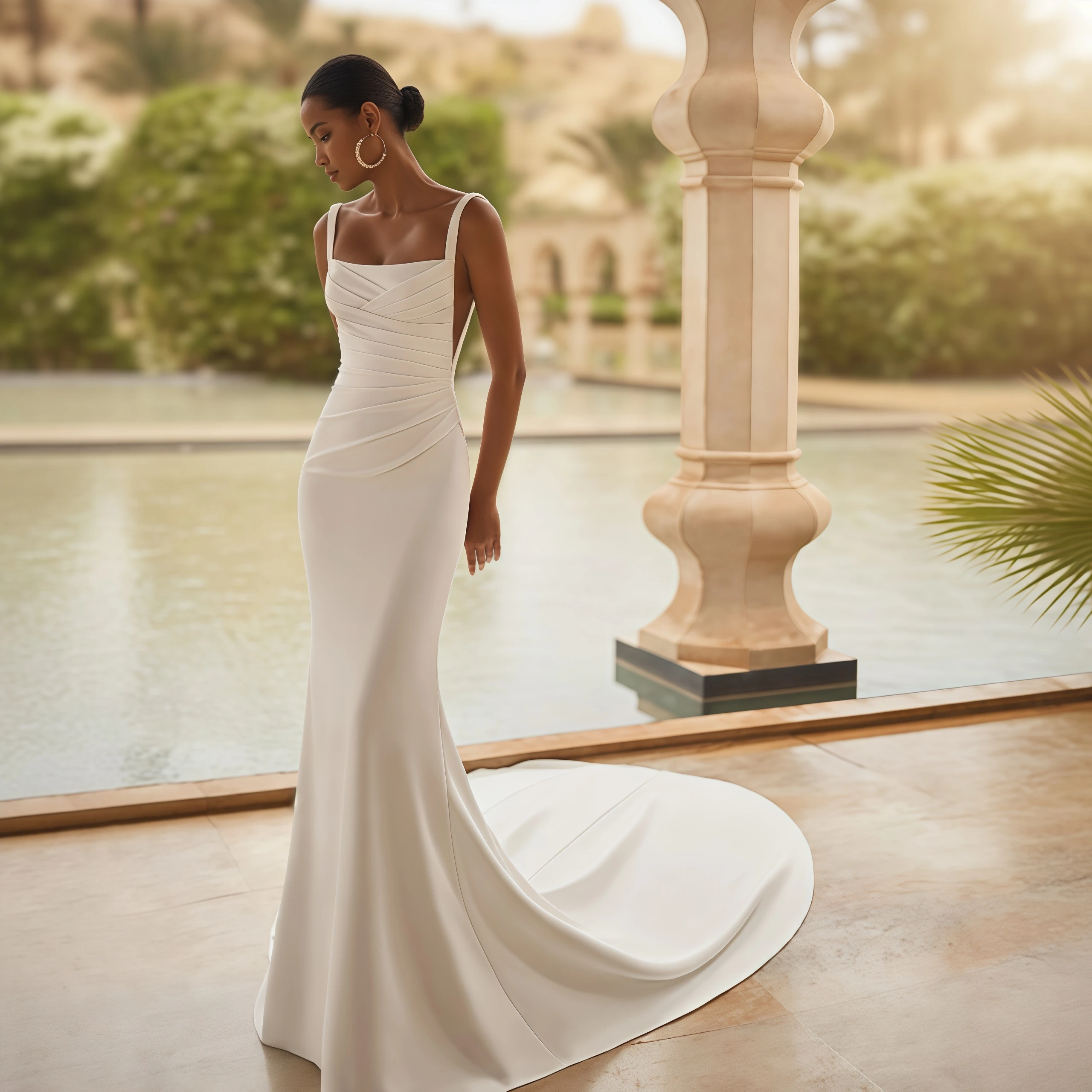 ZIBUYU Customized Satin Wedding Dress Square Neck Wide Straps Open Back Ruched Waist Sheath Bridal Gown