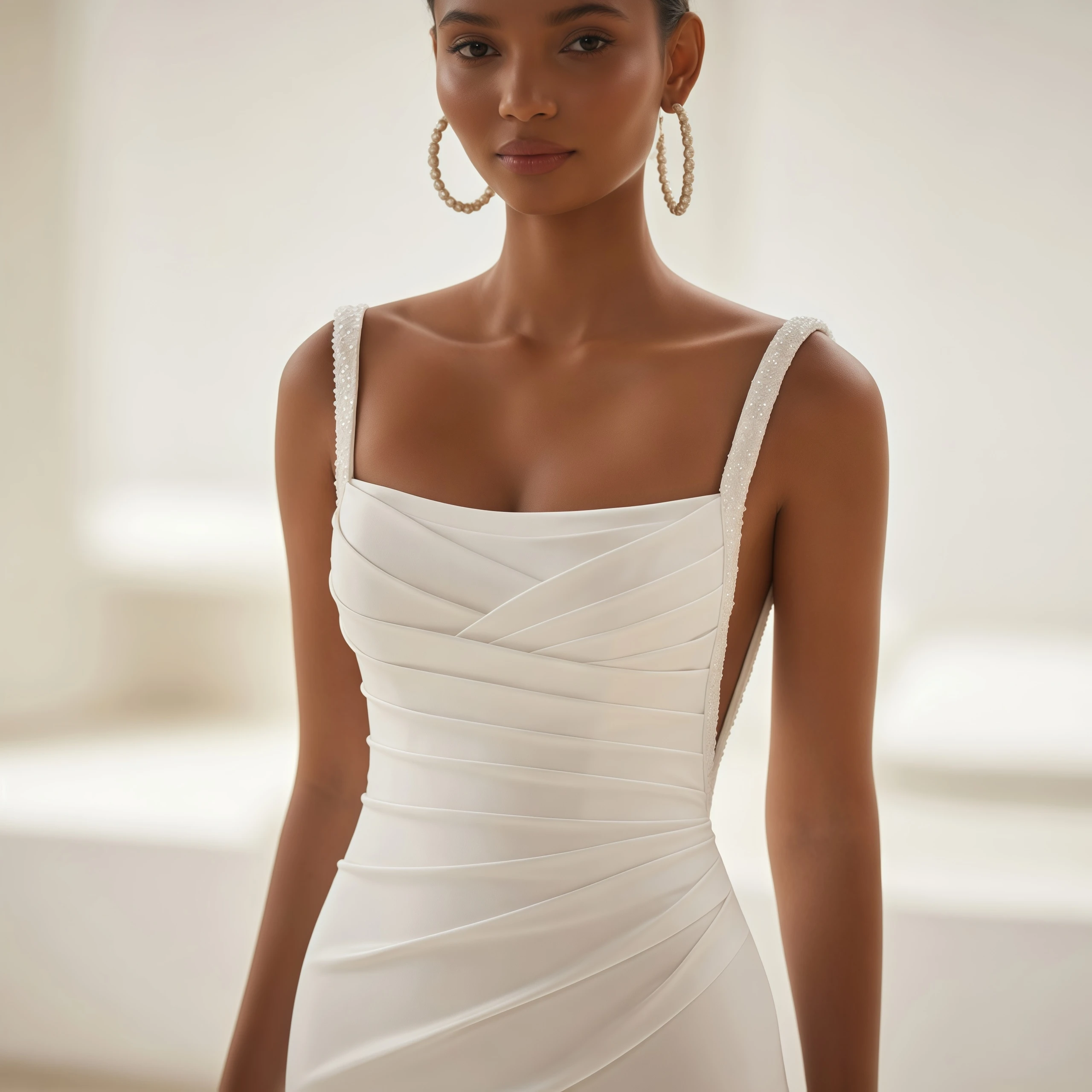 ZIBUYU Customized Satin Wedding Dress Square Neck Wide Straps Open Back Ruched Waist Sheath Bridal Gown