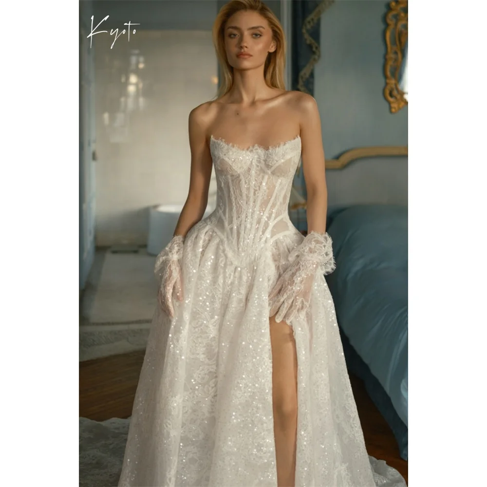 Kyoto Customized White Strapless Neck Wedding Dress Sleeveless Tulle Side High Split vestidos de noche A-Line robe de mariée