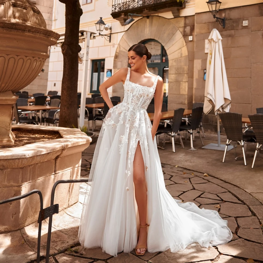 Customized Side Slit Wedding Dresses with Square Collar Ivory Sleeveless Bridal Gowns Women New Summer Vestido De Novia 2025 New