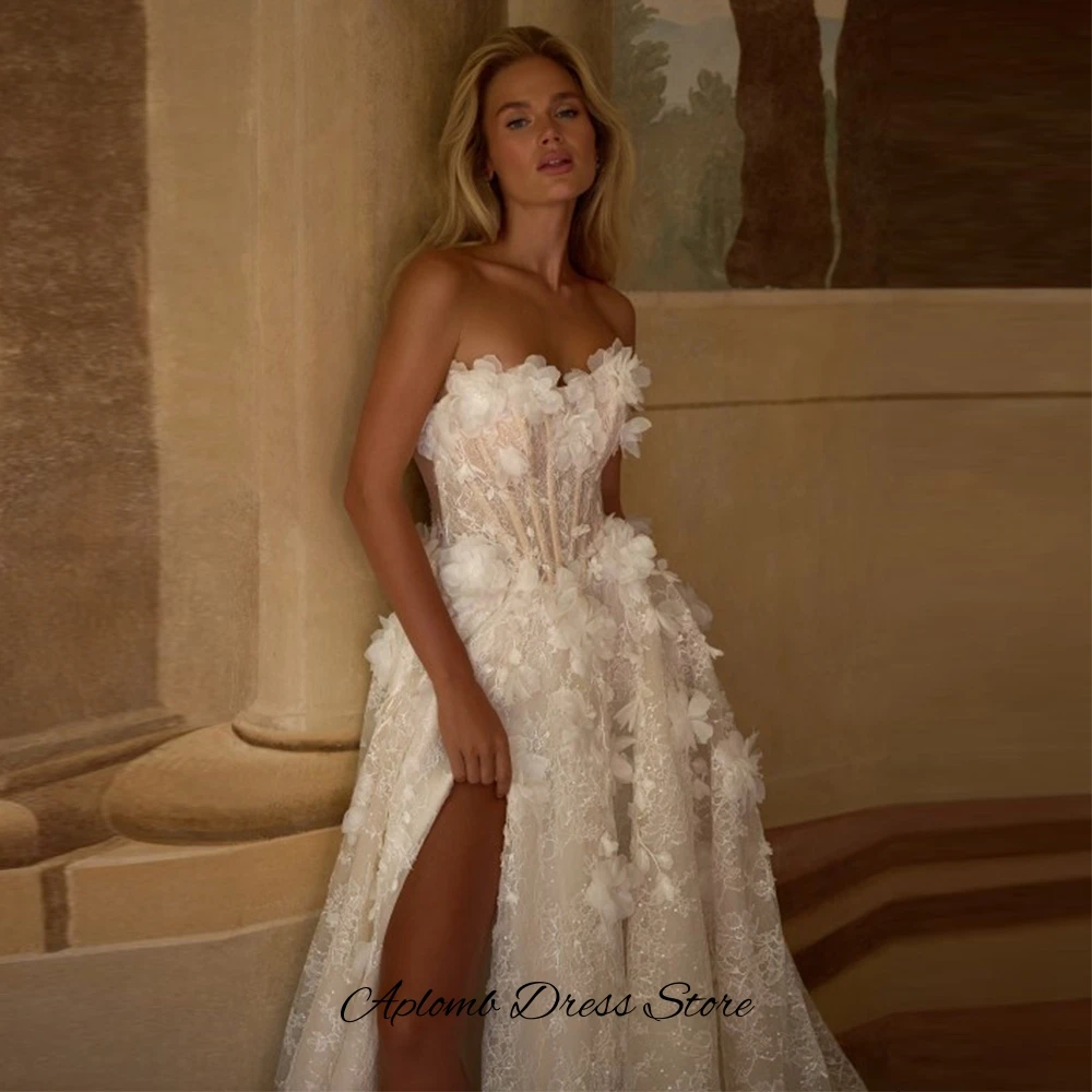 Dreamy Handmade Flowers Customized Bridal Gown Elegant Organza Sleeveless Wedding Dress Modern Side Slit A-Line Vestido De Novia