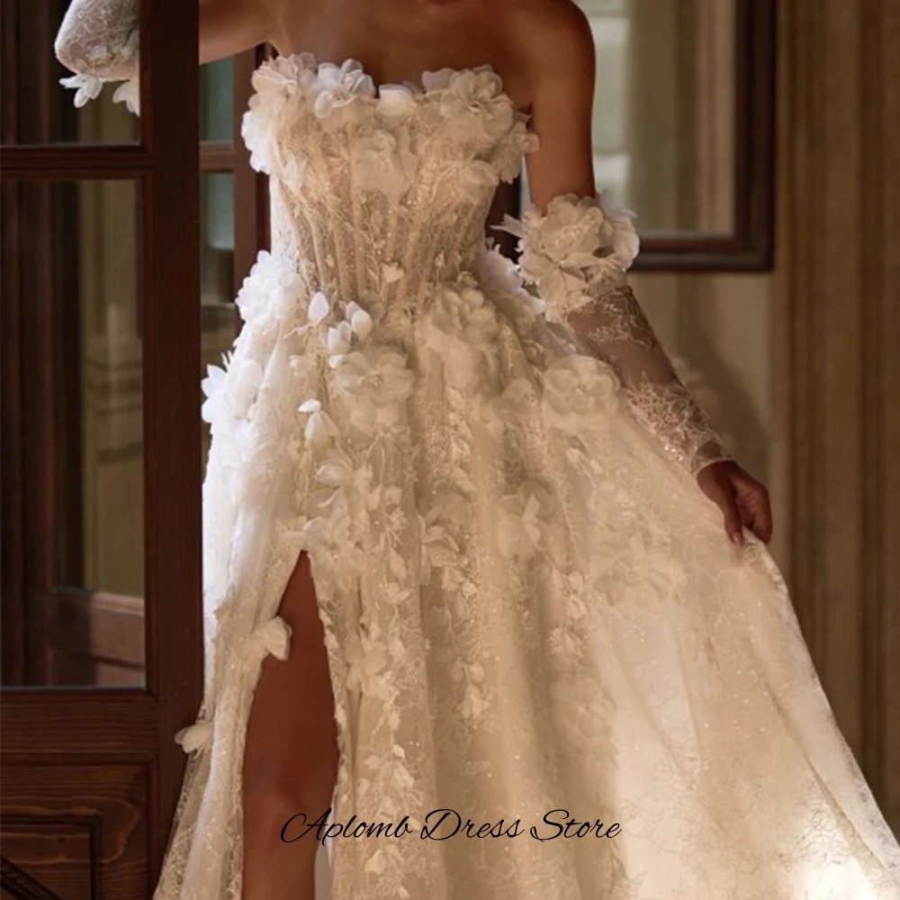 Dreamy Handmade Flowers Customized Bridal Gown Elegant Organza Sleeveless Wedding Dress Modern Side Slit A-Line Vestido De Novia