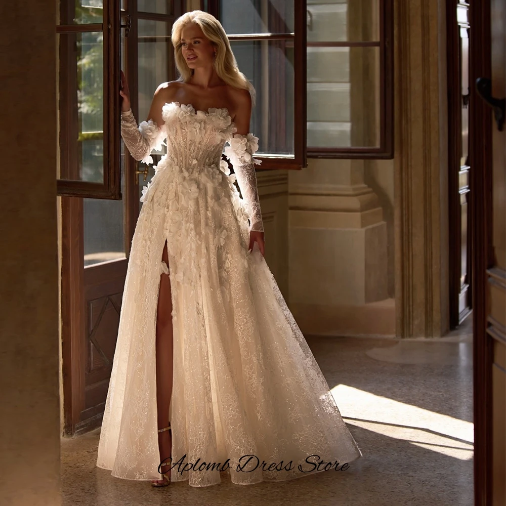 Dreamy Handmade Flowers Customized Bridal Gown Elegant Organza Sleeveless Wedding Dress Modern Side Slit A-Line Vestido De Novia