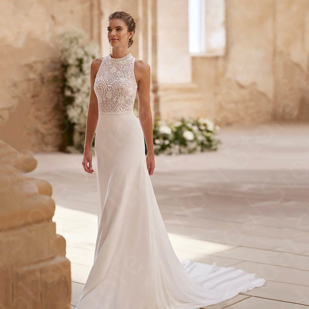 Customized Charming Wedding Dresses White Bridal Gowns Lace High Neck Bride Dresses Sleeveless Wedding Gowns Back Out On Sale