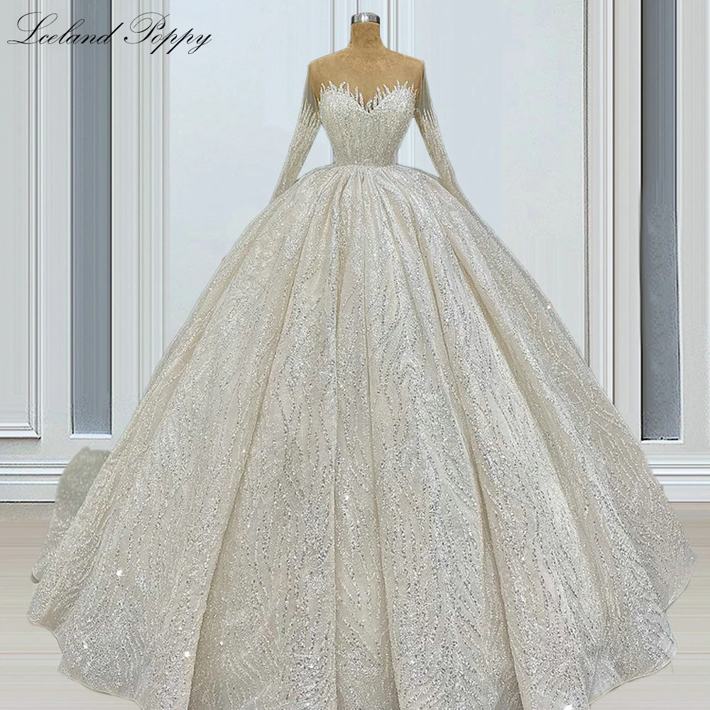 Lceland Poppy Customized Women's Ball Gown Lace Wedding Dresses Buttons Up Floor Length Beaded Bridal Gowns with Court Train