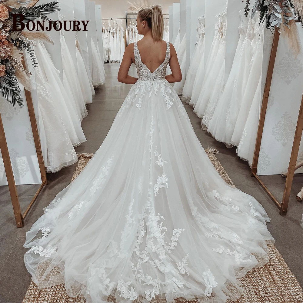 BONJOURY Stylish Wedding Dress For Woman 2024 Bride Backless V-neck Sleeveless A-line Appliques Vestidos De Noiva Made To Order